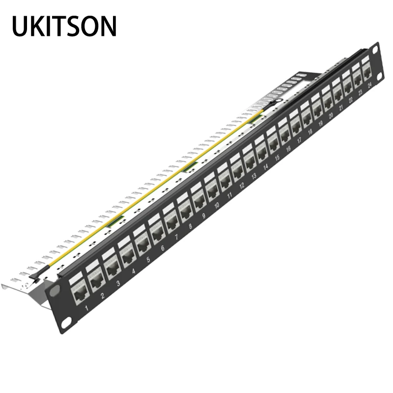Panel de conexiones 1U con 24 puertos, soporte de red de montaje en pared, conector Keystone blindado, CAT7, CAT6A, CAT6, RJ45, 19 pulgadas