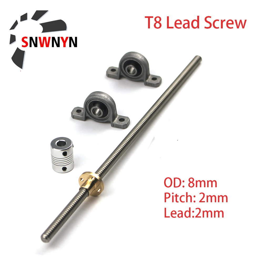 

T8 Lead Screw Set Lead 2mm 300 500 1000 1200mm With Nut+KP08 Vertical Bearing Bracket+D19L25 5*8 Mm Coupling For 3D Printer Part