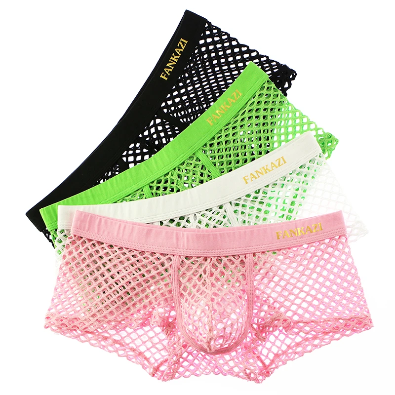 4PCS/Lots Mens Boxer Shorts Mesh Transparent Gay Panties Lingerie Fishnet Underwear Cuecas Calzones Hombre Boxershorts Bikini