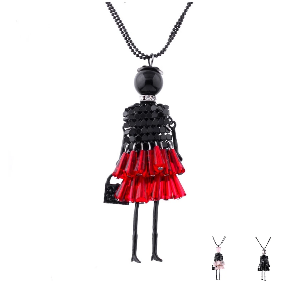 Fashion Long Red Black Girl Doll Beads Pendant Necklace For Women Girl Exaggerate Crystal Tomentum Figure Necklace Jewelry Gift