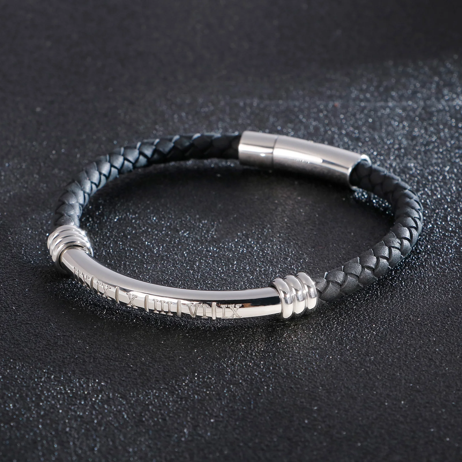 HaoYi Multicolor Roman Numeral Bracelet Fashion Leather Woven Stainless Steel Punk Men Jewelry