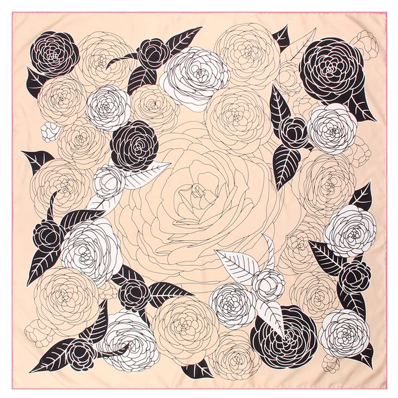 Manual Hand Rolled Twill Silk Scarf Women Floral Print Square Scarves Wraps Echarpe Curled Foulards Femme Bandana Hijabs 90CM