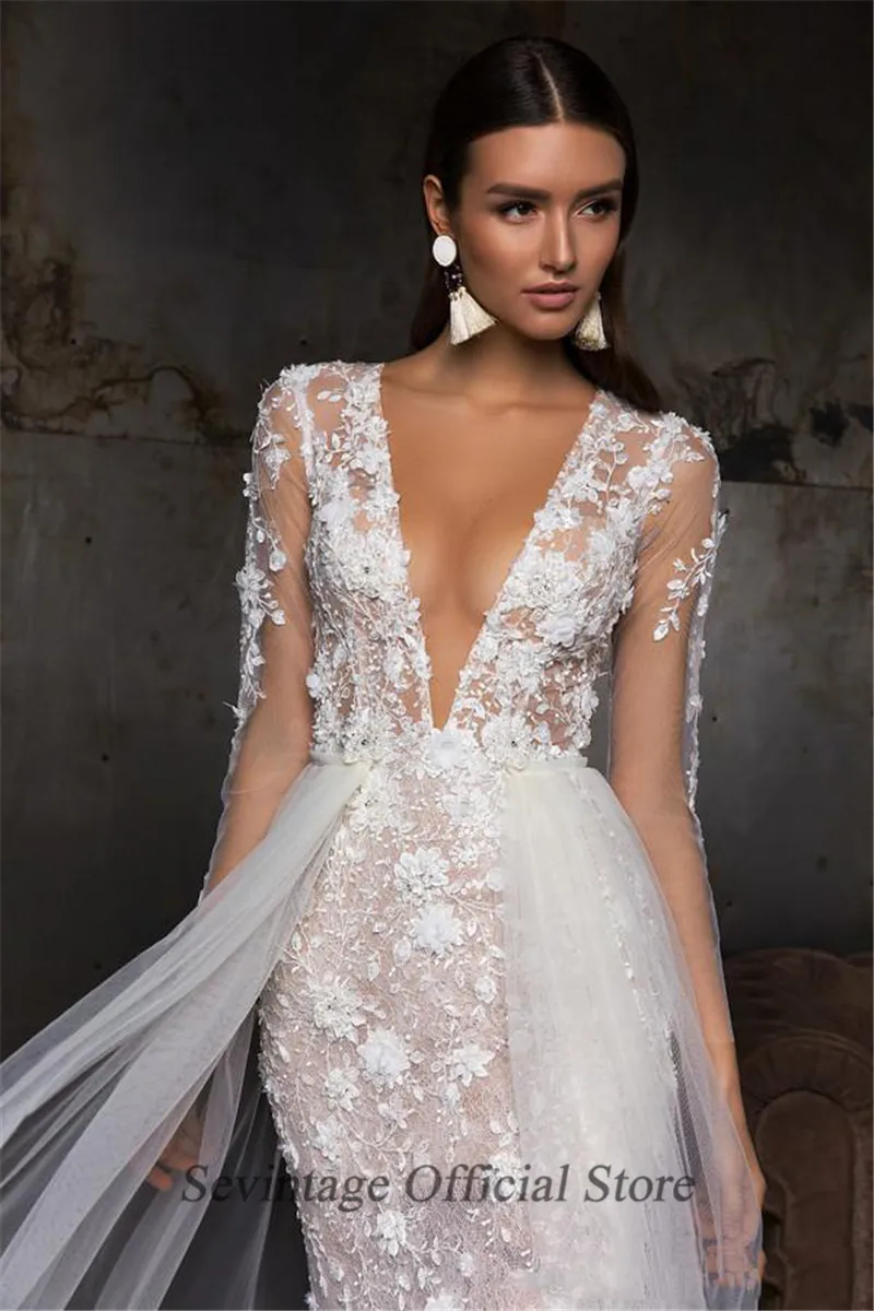 Sevintage Sirena Abiti Da Sposa Rimovibile Pannello Esterno Del Merletto Appliqued Abiti Da Sposa Con Scollo A V Manica Lunga Della Sposa Vestito Da Partito Su ordine