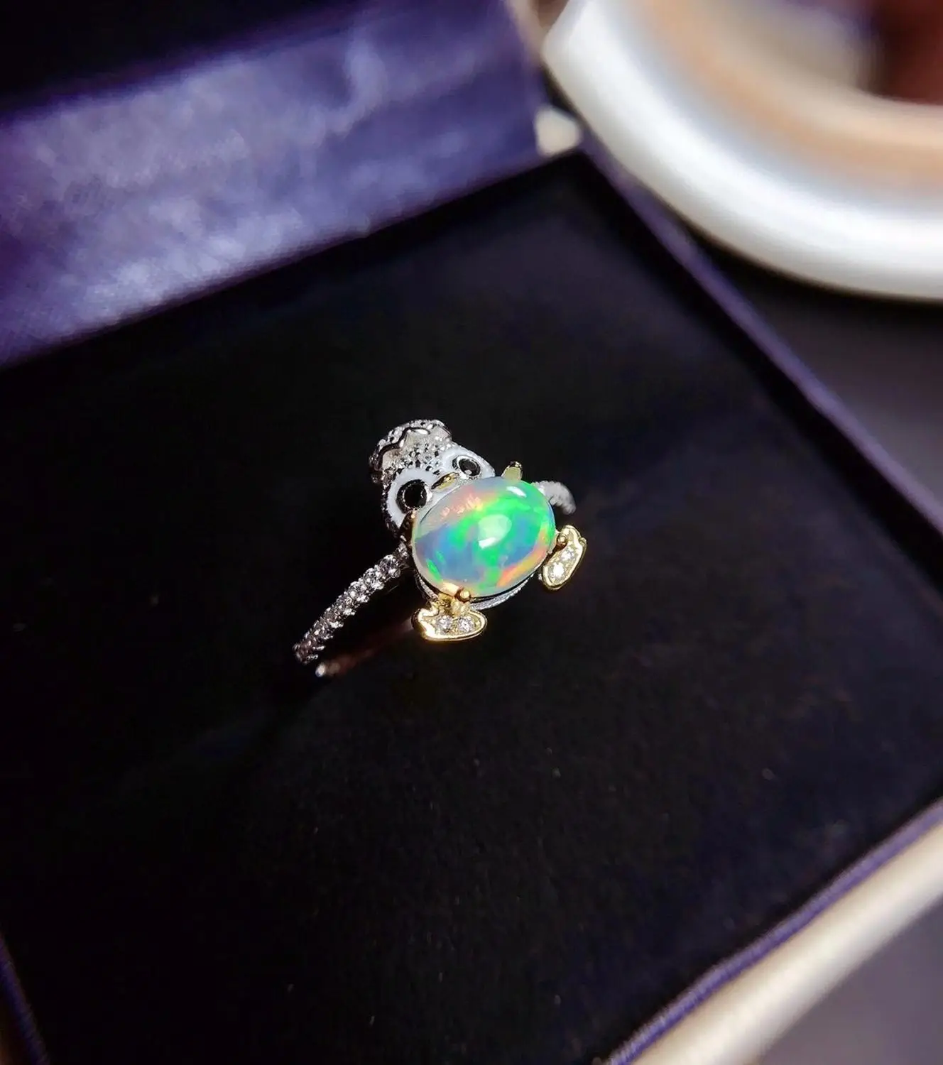 

Lovely Penguin Design opal ring Natural real Opal ring 925 sterling silver Fine handwored jewelry