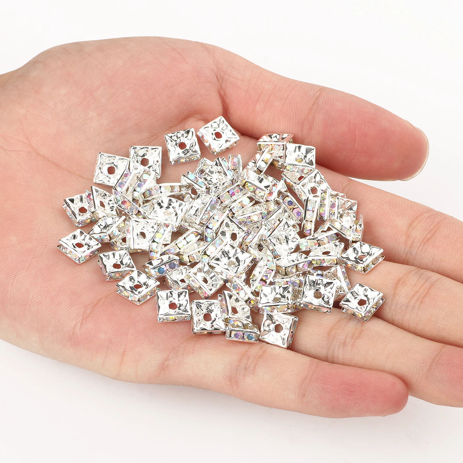 50/100PCS 6mm 8mm AB Silber Farbe Quadrat Strass Rondellen Kristall Spacer Perlen Für Schmuck Machen DIY armband Halskette – Detail 6