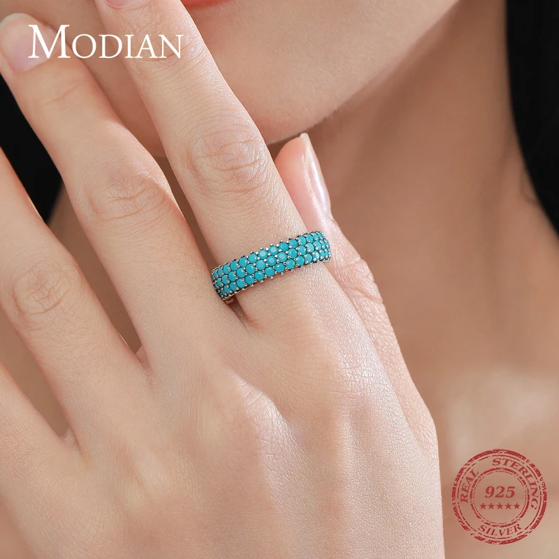 MODIAN Vintage Genuine 925 Sterling Silver Bohemian Style Turquoise Rings Necklaces Pendant Jewelry Sets For Women Fine Jewelry