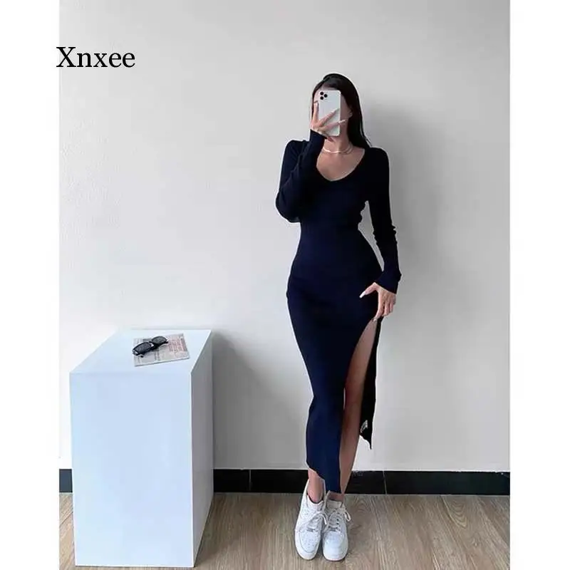 Sexy Knitted Dress Female Autumn and Winter New V-Neck Long-Sleeved Stretch Tight-Fitting Hip Dress with Slits