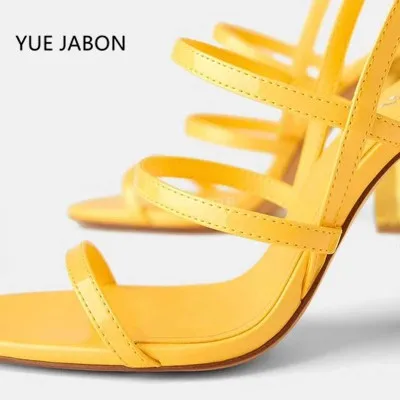 Yellow Women Summer Sandals Ankle Strap Women High Heels Transparent Heel Sandals Women 2024 Thick Heels Shoes Female Open Toe