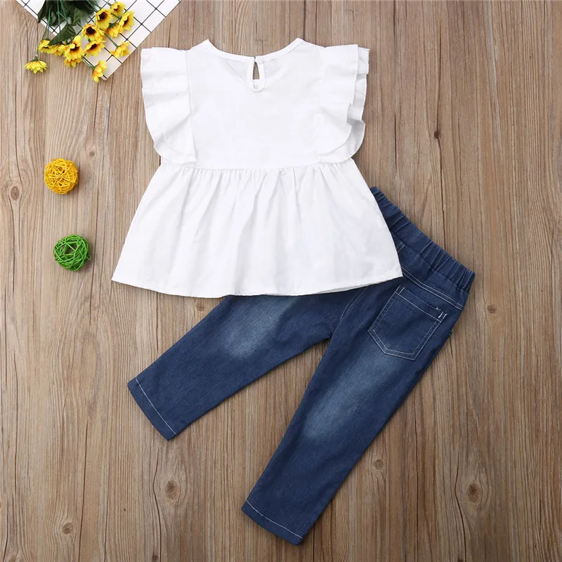 Fashion Kids Girl Clothes Sets Ruffle Sleeveless Top Dress Pearl Denim Pants Jeans Casual Summer Clothing Outfits