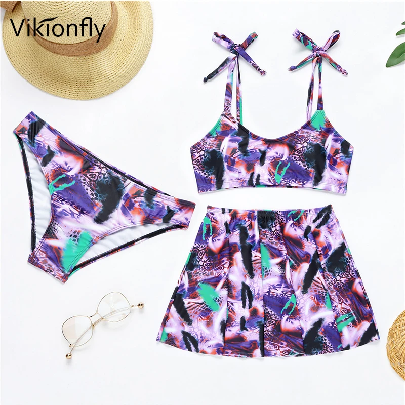 3 Pieces Swimsuit Bikini Women 2021 Printed Brazilian Bathing Suit Swimming Suit For Ladies Swimwear Bikini Set With Dress