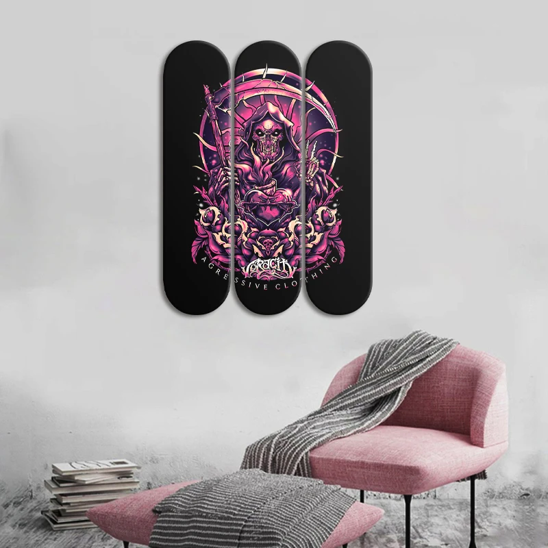 3pcs Home Living Room Decoration Skateboard Wall Art Death Roses Skate Deck Room Ornament for Bar Club Pub Men Cave Decor