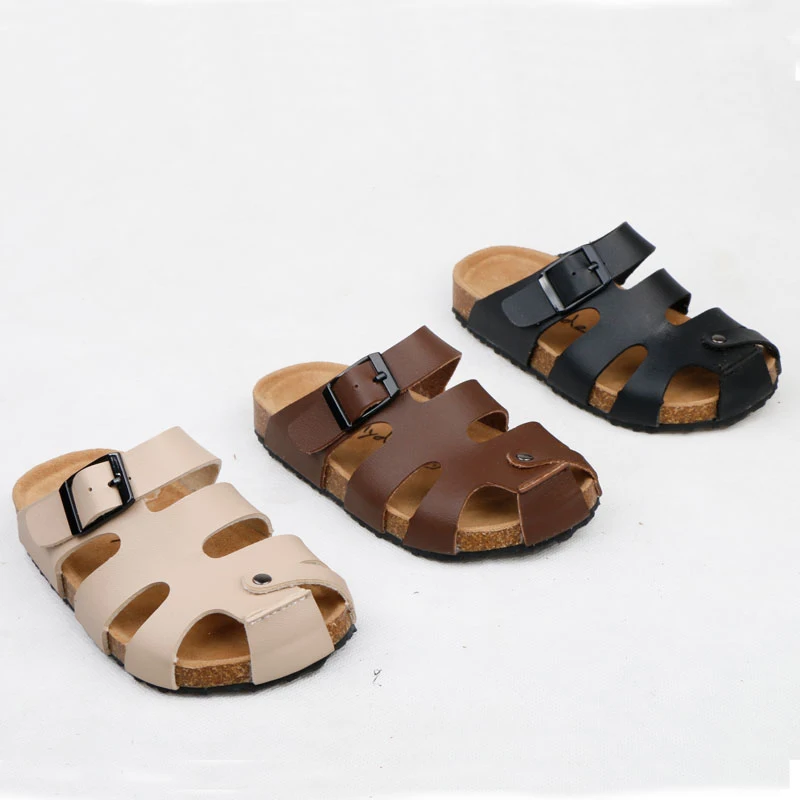 Sandálias infantis para meninos e meninas, chinelos de cortiça, salto plano pu casual com buracos, moda para crianças, verão