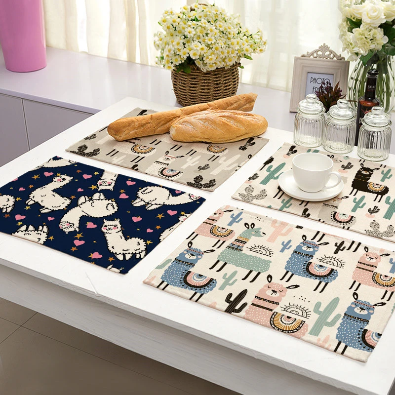 1Pcs Alpaca Pattern Kitchen Placemat Cotton Linen Dining Table Mats Coaster Pad Bowl Cup Mat 42*32cm Home Decor ML0009