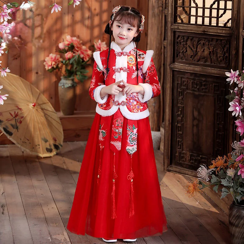 Girls\' Hanfu New Year\'s Clothing Children\'s Warm Cheongsam Chinese Tang Suit Kid Winter Plus Velvet Cute Embroidery Party Dress