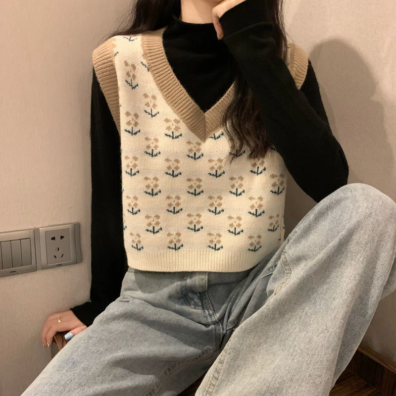 Sweater Vests Women Leisure Simple Patchwork Flower Design V-neck Sleeveless Gentle Females Retro Ulzzang Chic Streetwear Slim