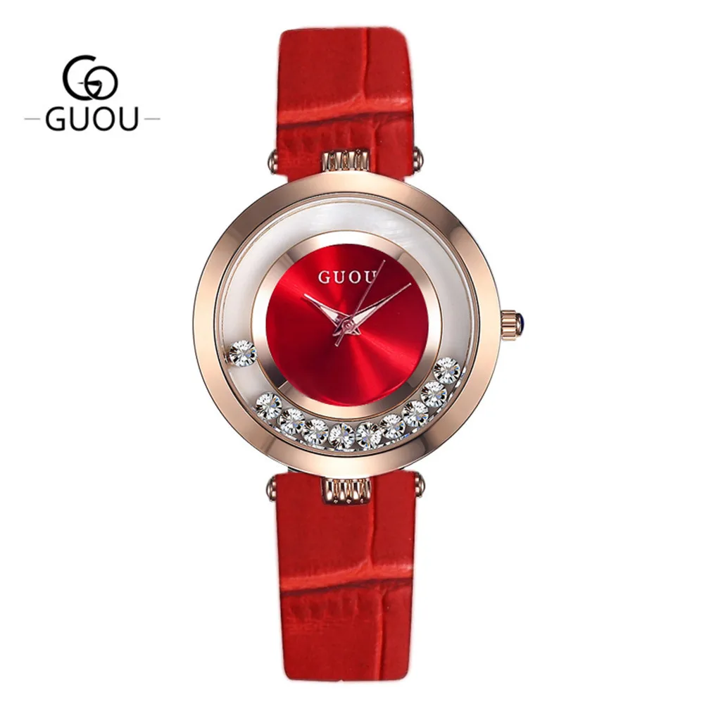 Guou Gold Plated Women Watches Red Dial Rhinestone Waterproof Female Clock Watch Leather Strap Simple Ladies Wristwatches Girls