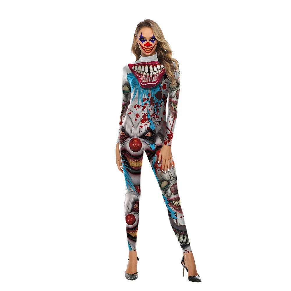 Trang Phục Halloween Cho Phụ Nữ Dài Tay Áo Đồng Hồ Nam Xương In Hình Jumpsuit Cosplay Bodysuit Joker Đáng Sợ Trái Cây Đại Chú Hề Catsuits