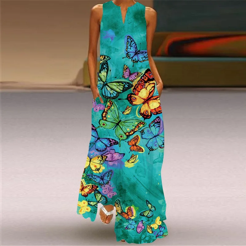 Fashion Butterfly Printed Sleeveless Sundress Women 2022 Summer Casual Beach Long Dresses Ladies Maxi Dress Femme Vestidos