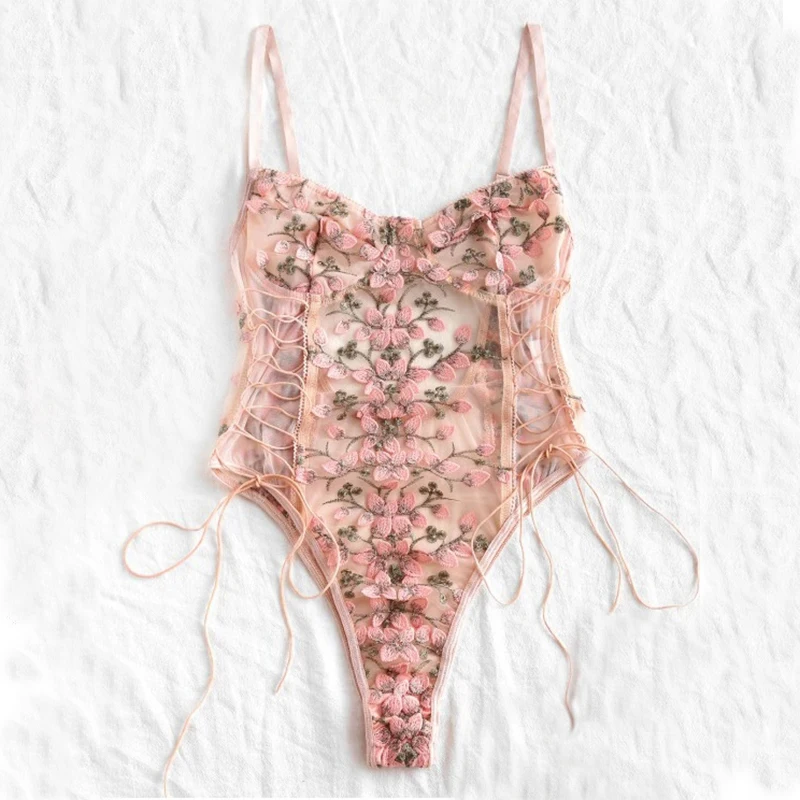 Women Teddy Lingerie Sexy Underwear Erotic Corset Lace Mesh Sleepwear Nightwear Embroidered Strap One-Piece Pajamas