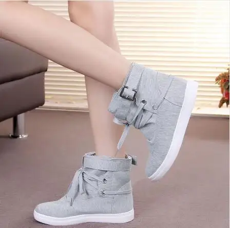 Black Gray Round Toe Platform High-top Canvas Buckle Shoes Woman Lace Up boots Student Flat Ankle Boots Botas Mujer 896p