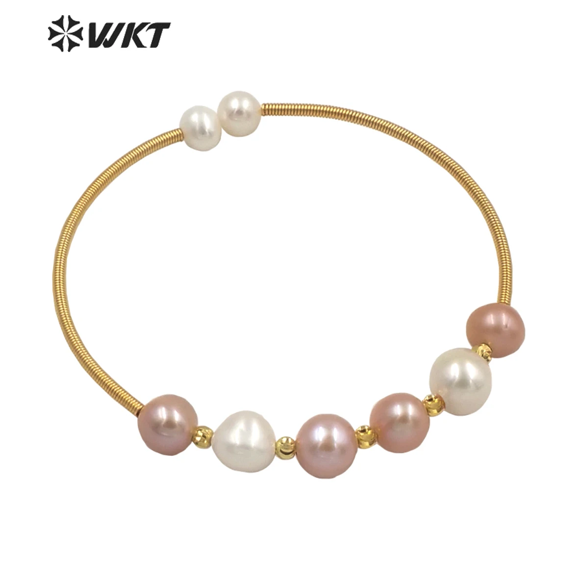 MPB032 WKT Unique hand make wire wrapped freshwater pearl beads cuff bangle in adjustable size women fashion gold pearl bangle