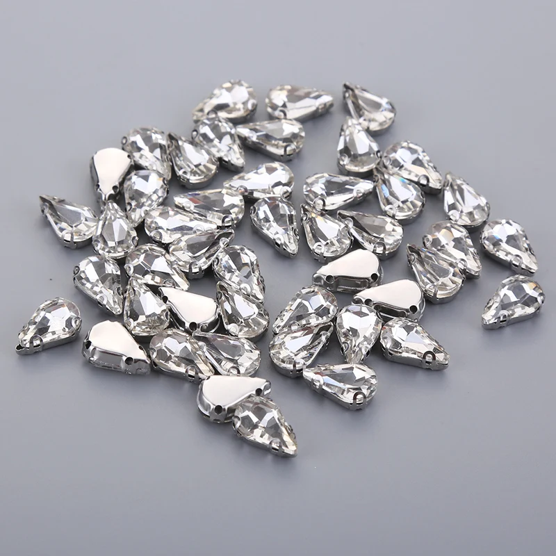 Wielowymiarowe szycie szkła przezroczysty kryształ srebrny pazur podstawa Rhinestone DIY suknia ślubna sukienka nakrycie głowy koraliki w kształcie kropli wody
