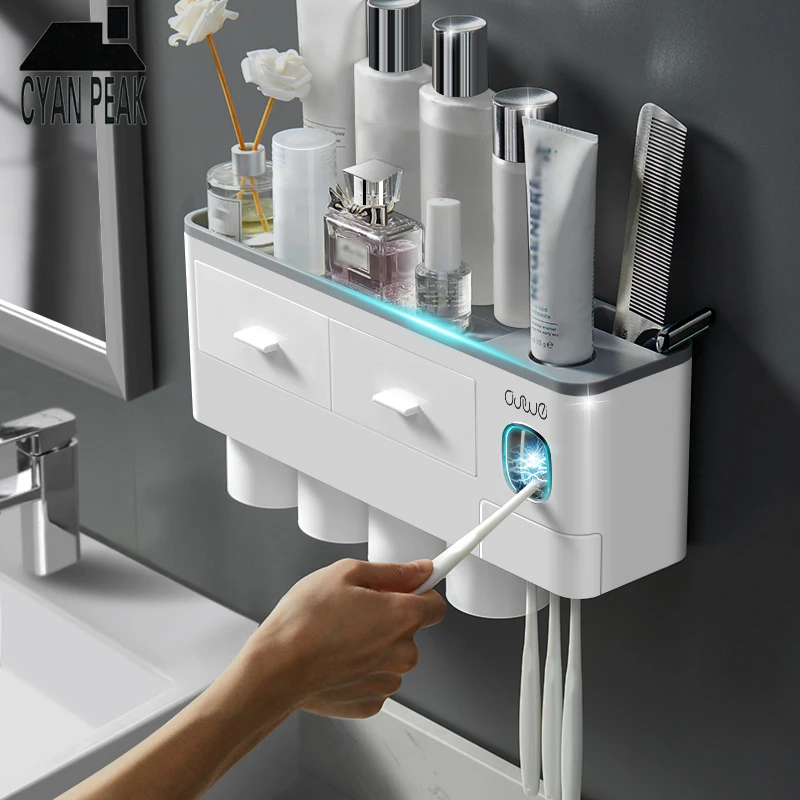 CYAN PEAK Toothpaste Dispenser With Cup Toothpaste Squeezer Wall Mount Toothbrush Holder Storage Rack Bathroom Accessories Set