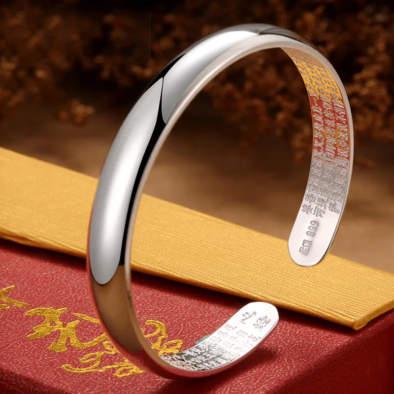 

Fashion 925 Sterling Silver Bangles Women Ethnic Style Simple Glossy Heart Sutra Bangle Open Bracelet Jewelry Lady Anniversary