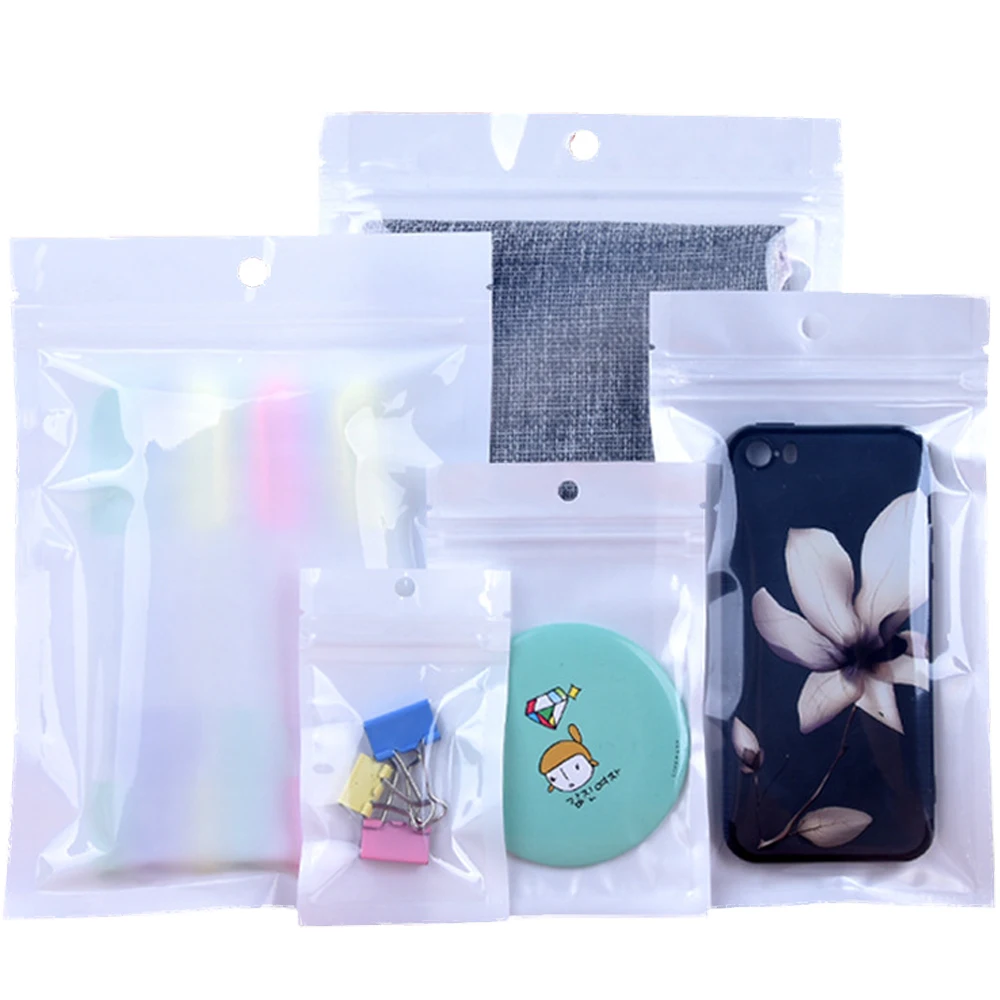 100Pcs White Clear Zip Lock Plastic Package Bag with Zipper Hang Hole Self Seal Transparent Ziplock Poly Packaging Pouches