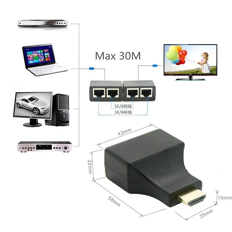 1 Pair HDMI-compatible Video Extension Extender Adapter Signal Amplifier RJ45 Max 30M for HDTV STUB DVD Projector