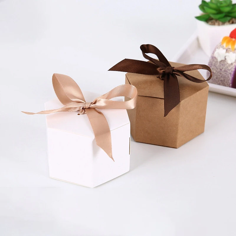 10pcs  Kraft Paper Biscuit Favor Gifts Boxes White Hexagon Packaging Cardboard Box Candy Bag New Year Valentine's Wedding Decor