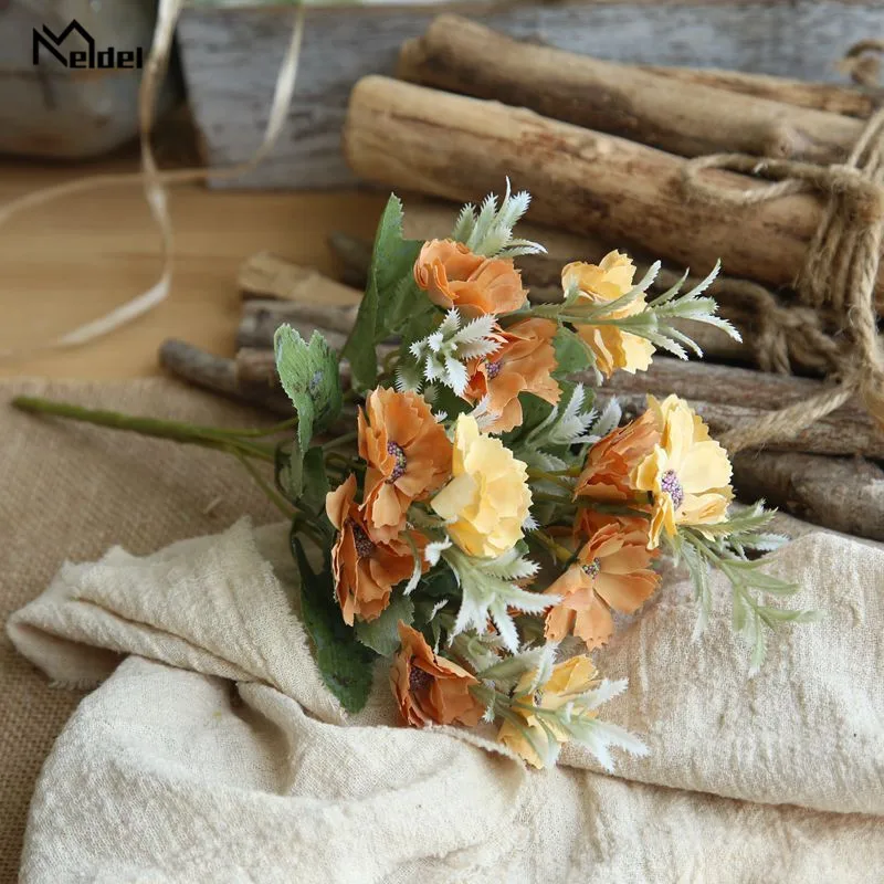 Meldel mini buquê de flores artificiais falsas, arranjo de flores em seda de milão, arranjo de flores para festa de casamento, decoração de mesa para festival em casa