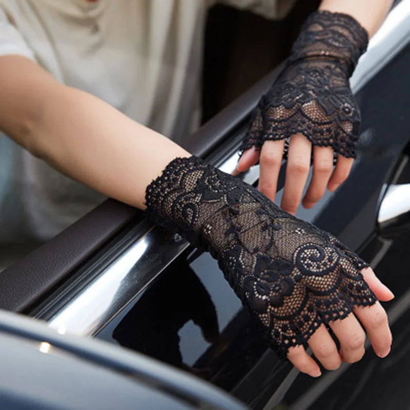 Female Fingerless Anti-UV Driving Gloves Summer Women Short Elastic Sexy Lace Mittens Covered Scar Cycling Sunscreen Gloves K8