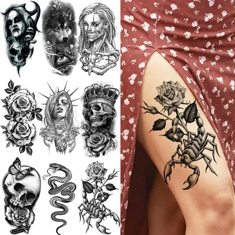 Scorpion Rose Flower Temporary Tattoos For Women Adults Realistic Vampire Wolf Scary Snake Crown Fake Tattoo Sticker Arm Tatoos
