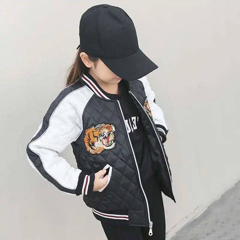 

Girls Spliced Baseball Jacket Students Kids Thickening Thermal Cotton Padded Clothes Children's Tiger Embroidered Outerwear B286