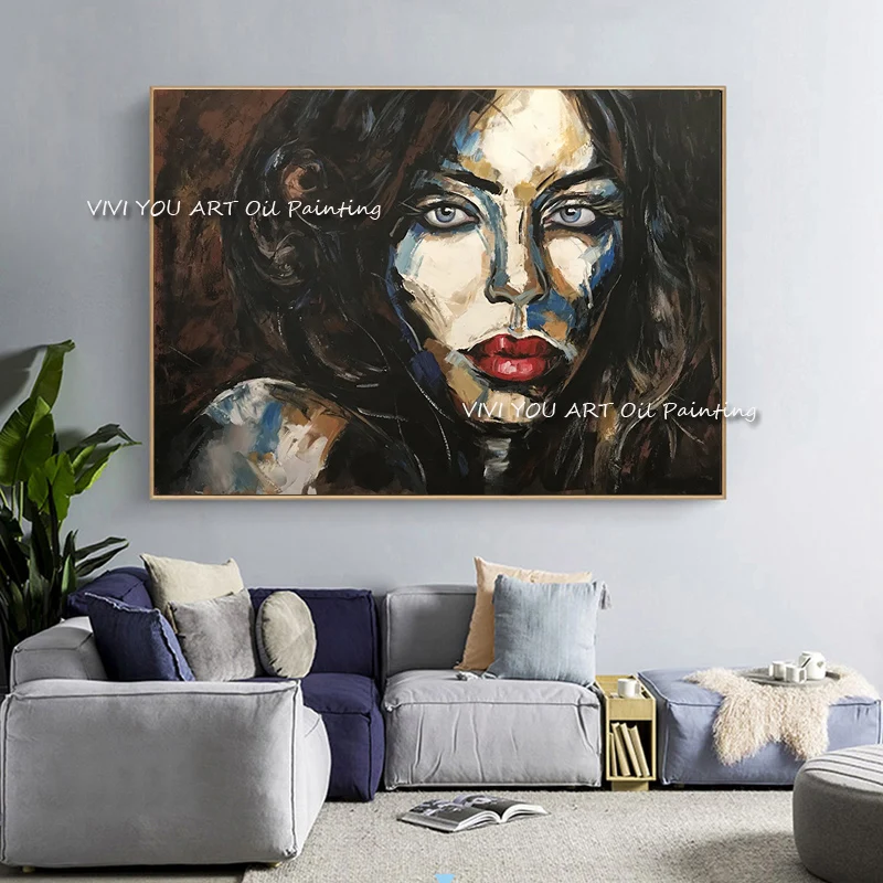 Handmade Modern Black Ground Girl Pretty Women Face Oil Painting Gallery Collection Home Pillow Case Sofa Cushion Decoration