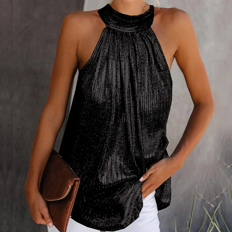 Womens Fashion Shiny Halter Neck Tank Tops Vest Ladies Summer Casual Solid Color Sleeveless T shirt Blouse Black Gold Silver