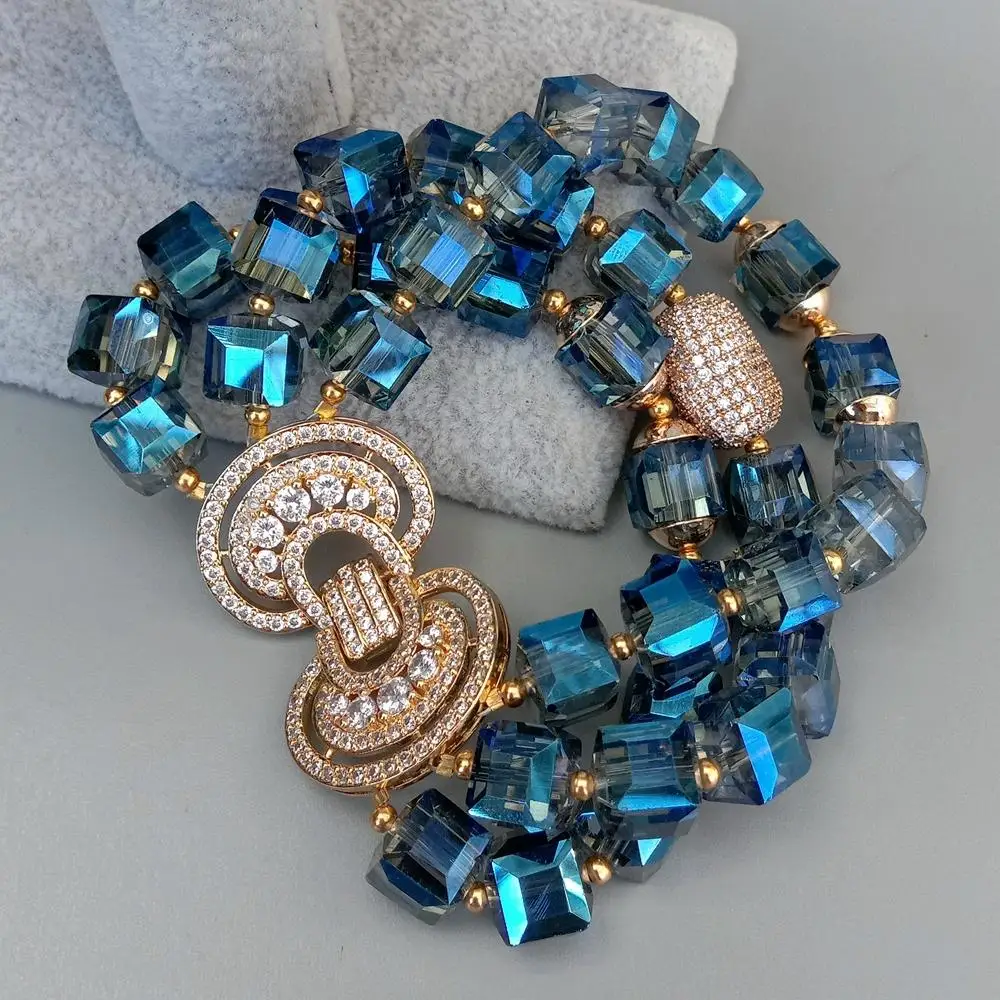 KKGEM 3 Strands Faceted Cube Shape Blue Crystal Cubic Zirconia Pave Bead Bracelet 8.5" 5