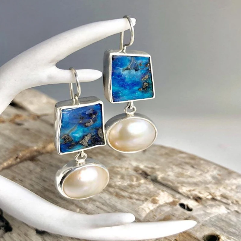 Bohemia Ethnic Pearl Statement Dangle Earrings for Women Wedding Party Jewelry Geometric Stone Hook Earring Charms Accessories