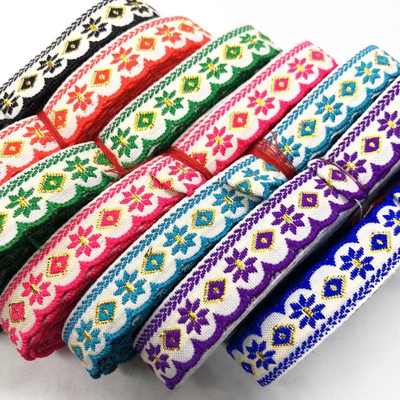 7 Meters 15mm Vintage Ethnic Embroidery Lace Woven Jacquard Ribbon Trims Geometric Flowers Design For Clothing Straps Accessory