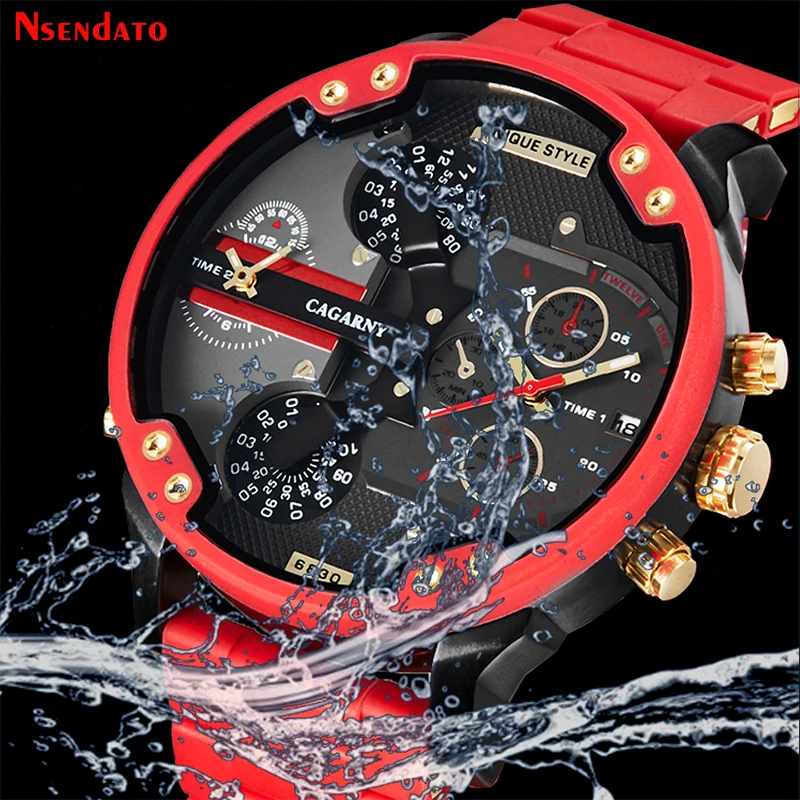 Cagarny Men Gold Watches Red Big Dial Luxury Top Brand Quartz Steel Band Military Wrist Watches for Men Auto Date Dual Time