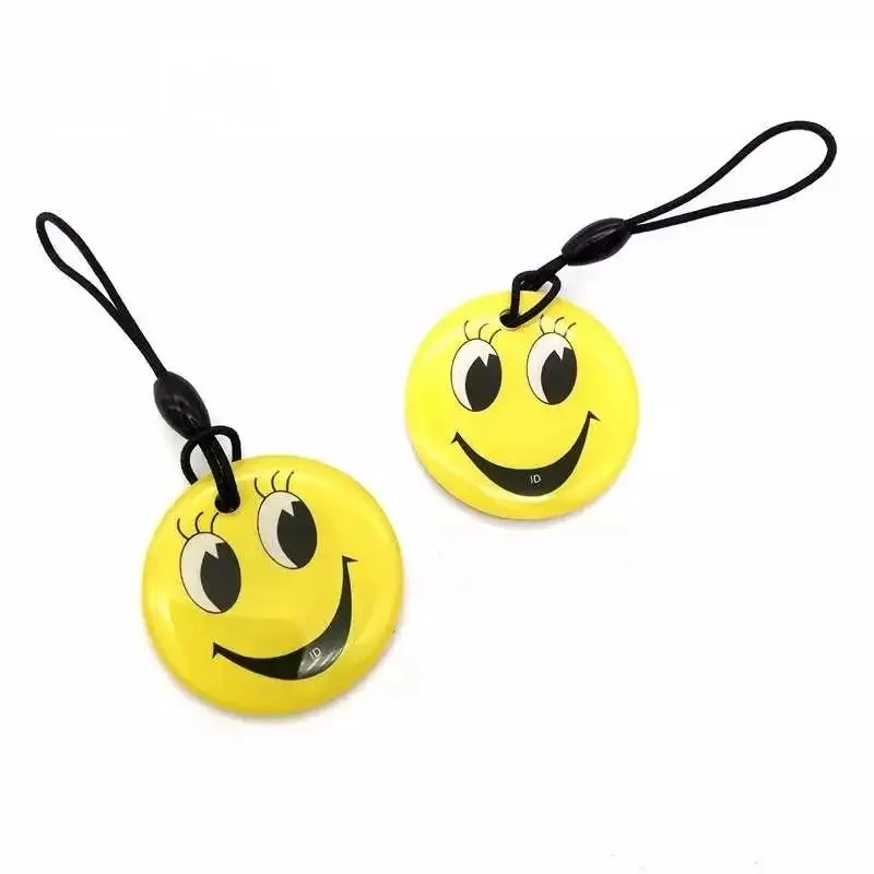 125KHz EM4305 Rewritable Keyfobs RFID Waterproof Cloner Copier Token Key Tag Keychain Access Control Card Yellow Smile Pattern