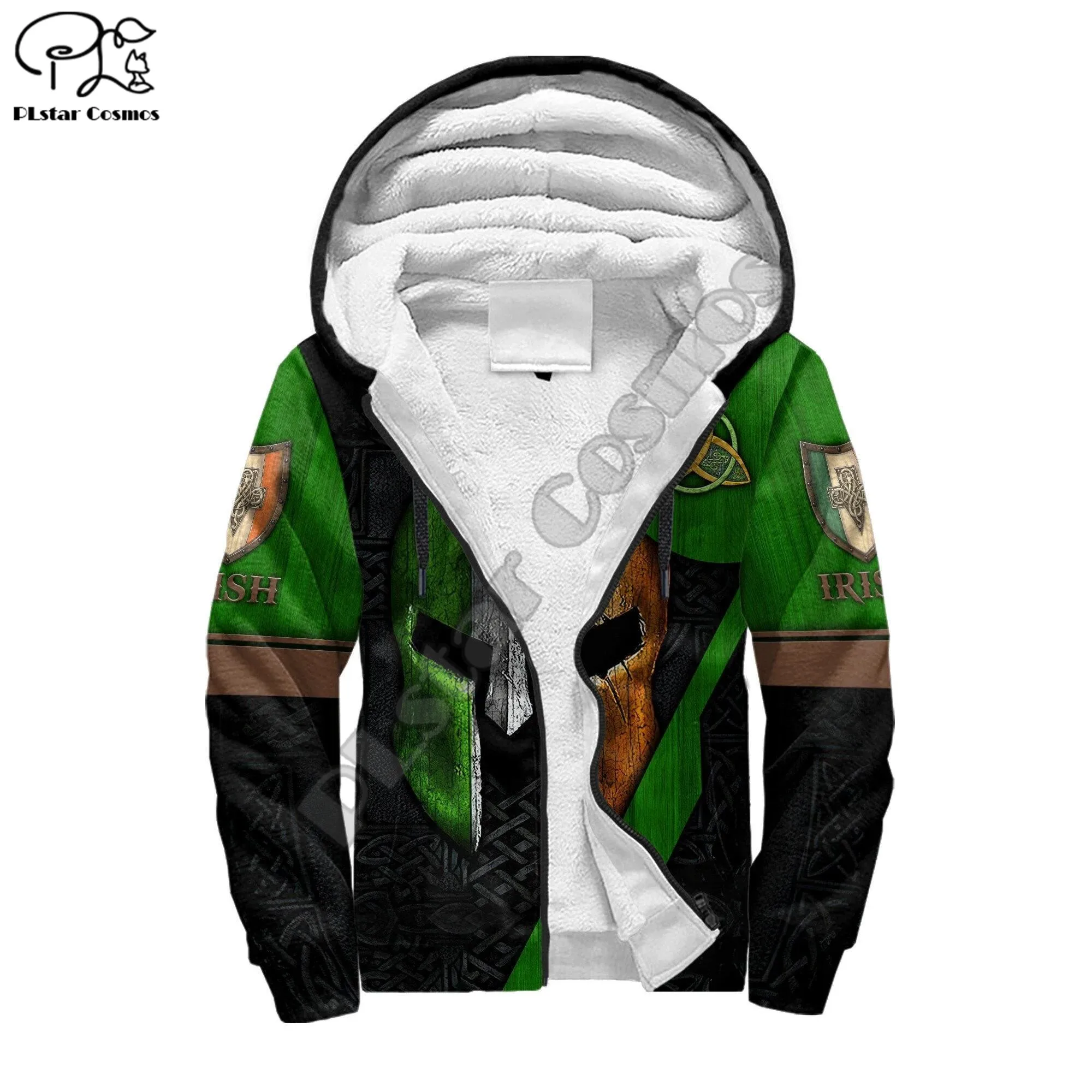 PLstar Cosmos Irish Saint Patrick Day 3D Print Winter Clothing Casual Warm Hood Thick Coat Zipper Man Fleece Hoodies Jacket D27