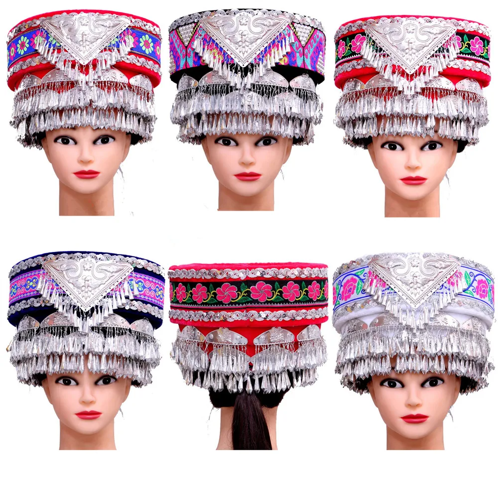 Chinese Folk Dance Costume Headdress For Woman Silver Miao Hats Hmong Headwear Stage Dancer Hats Chinese Minority Clothing