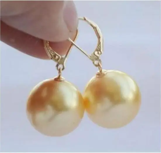 gorgeous AAA9-10MM ROUND SOUTH SEA GOLD PEARL EARRING14K free shipping