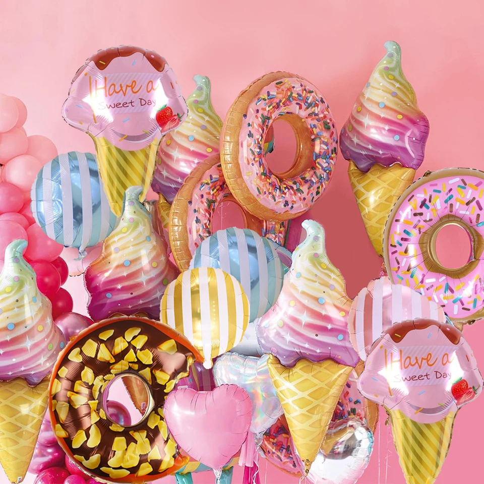 1set Pink Donut Lip Ice Cream Popcorn Candy Foil Balloon Baby Shower Happy Birthday Decoration Balloon Boy Girl Cute Kid Toy