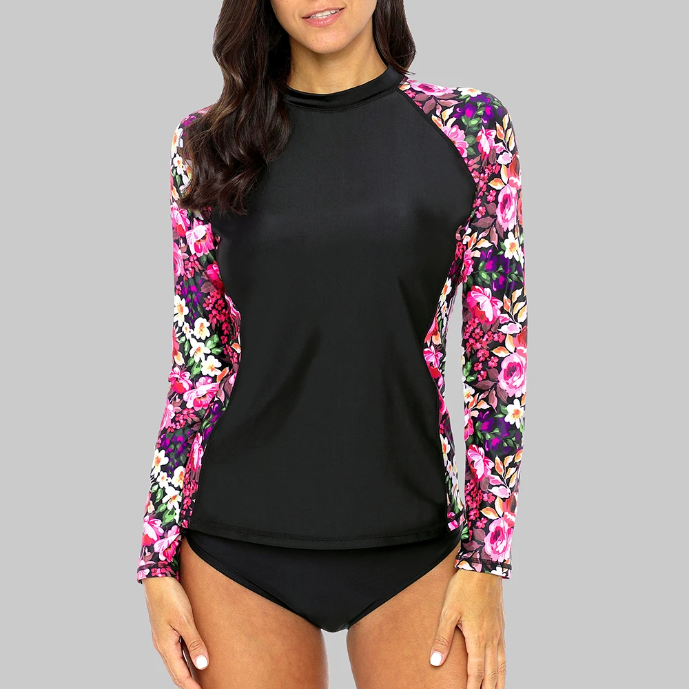 Charmleaks Women' Rash Guard Swimwear Long Sleeve Rashguard Biking Shirts Surf Top Retro Print Running Shirt Swimsuit UPF 50+