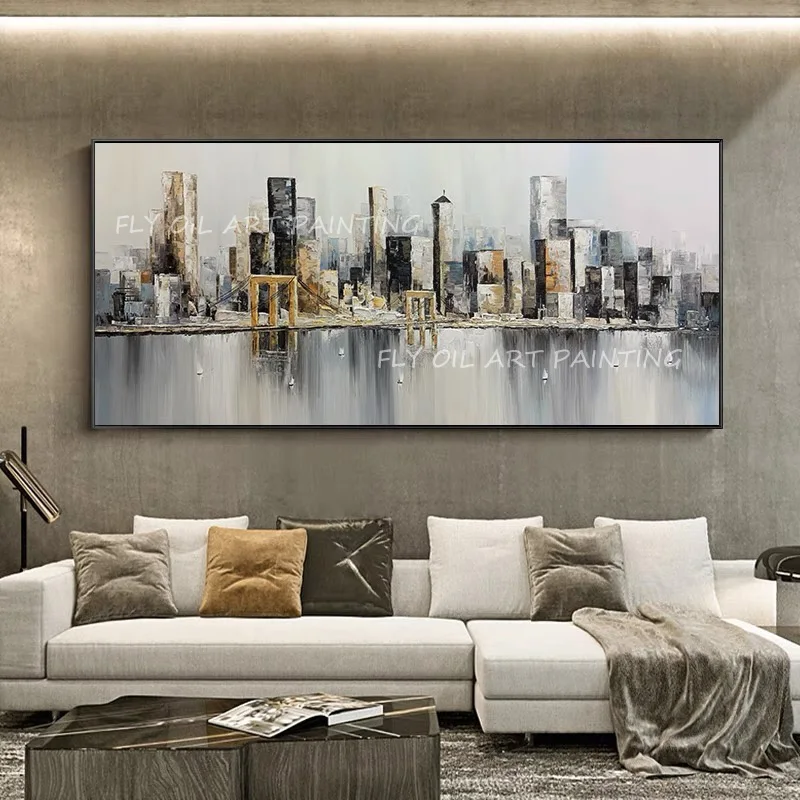 

City Building Modern along the river 100% Handmade Oil Painting Modern Picture for Office Living Room Home Decoration Gift