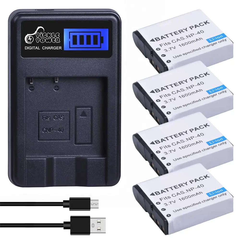 1600mAh NP-40 NP40 Battery for Casio EX-Z30 Z40 Z50 Z55 Z57 Z400 Z750 Z850 FC100 KOMERY 4K Camera Camcorder, Charger for NP 40