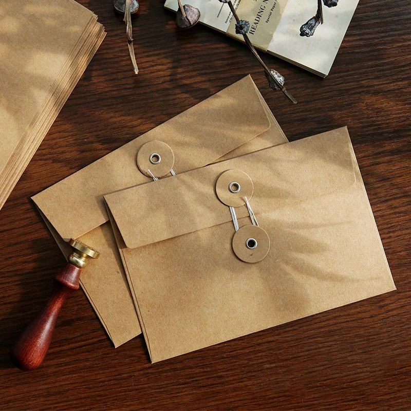 1 PC Vintage Brown Kraft Paper Envelopes with Button String Tie Closure Clasp for Greeting Cards Letter Photos Journal Storage